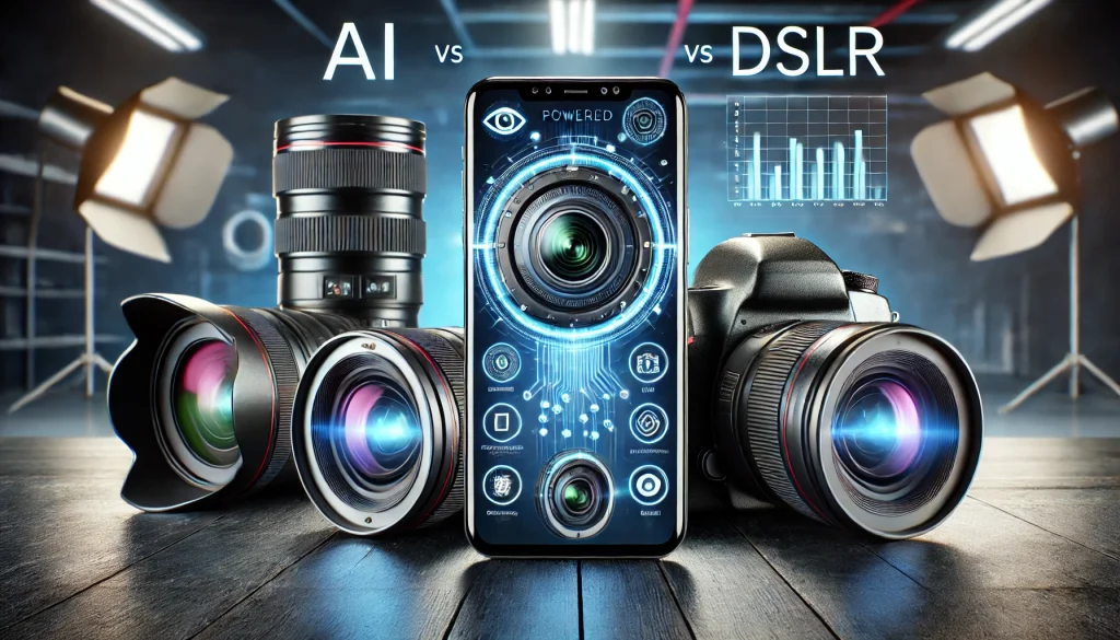 A high-tech comparison of AI-powered smartphone lenses versus traditional DSLR cameras, set in a modern photography studio with lighting and display screens illustrating camera performance differences.