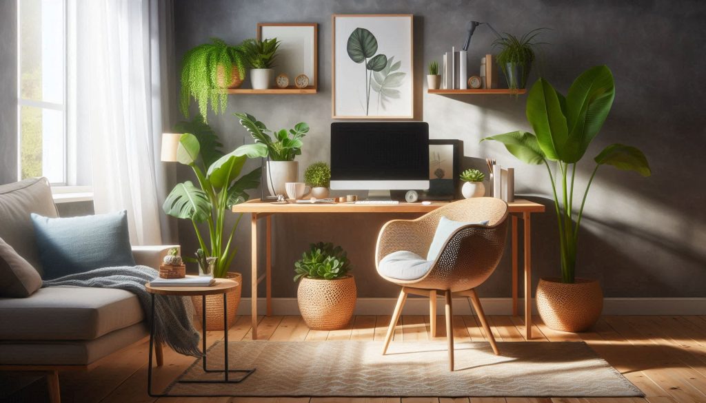 Tech-free home office with plants, comfortable chair, and desk, promoting a peaceful, distraction-free space for work or relaxation