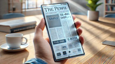 "A smartphone with an E-Ink display, showcasing a clear and simple interface with text-based content like news headlines or an e-book. The phone is placed on a table in a bright, natural setting with sunlight streaming in to highlight the clarity of the E-Ink screen. The background is minimalistic, emphasizing the device's design. A person is holding the phone with one hand, demonstrating the ease of use of the E-Ink display in daily life."