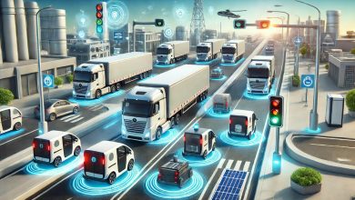 "A futuristic transportation and logistics scene featuring autonomous vehicles, including self-driving trucks and delivery vans navigating a modern highway. The vehicles are equipped with sensors and cameras, with autonomous delivery vans making last-mile deliveries in an urban setting. The background includes smart traffic signals, digital road signs, and green energy solutions like solar panels and electric vehicle charging stations, depicting the future of autonomous transportation."