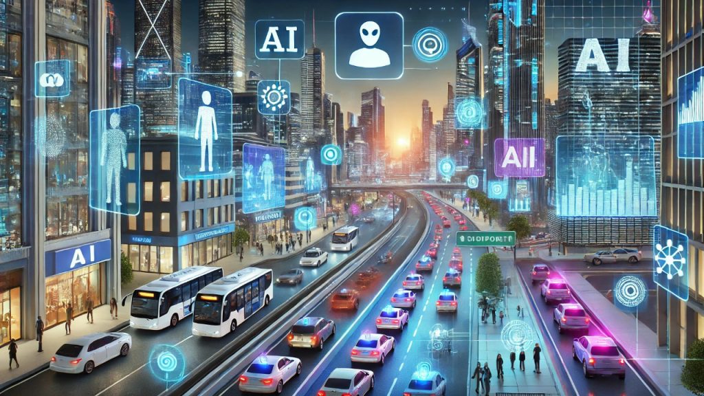 "A futuristic cityscape featuring AI-driven technology with autonomous vehicles, smart buildings, and robotic assistants. The skyline is illuminated with neon lights, holographic advertisements, and advanced transportation systems."