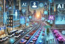 "A futuristic cityscape featuring AI-driven technology with autonomous vehicles, smart buildings, and robotic assistants. The skyline is illuminated with neon lights, holographic advertisements, and advanced transportation systems."