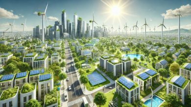 A sustainable city with solar panels on buildings, wind turbines in the distance, and abundant green spaces. The scene reflects a clean, environmentally-conscious urban setting powered by green technologies, with a clear sky and a bright sun.