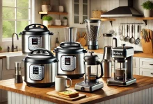 A modern kitchen countertop displaying a variety of kitchen gadgets such as an Instant Pot, Ninja Blender, Cuisinart Food Processor, Breville Espresso Machine, Hamilton Beach Breakfast Sandwich Maker, and Bodum French Press Coffee Maker, highlighting the convenience and efficiency they bring to cooking.