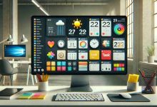 "A desktop computer displaying a collection of useful desktop gadgets, including weather updates, system monitoring, sticky notes, and task management widgets. The desktop is organized, with colorful gadgets in different shapes and sizes. The surrounding environment is a modern office with natural light coming from a window."