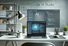 "A modern workspace showcasing Google AI Studio in use on a sleek laptop, with a coding interface visible on the screen displaying machine learning model training. The setup includes a clean desk with minimalistic design, a large monitor, and a fast internet router. The background has subtle ambient lighting, giving the scene a high-tech and professional vibe. A potted plant and a cup of coffee complete the minimalist design."
