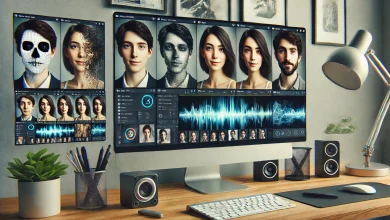A modern workspace with a desktop PC displaying five different deepfake software interfaces, each showing facial swapping and video manipulation processes in a clean and creative environment.