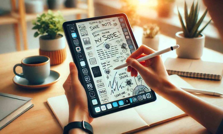 A person using an iPad with a stylus to take notes, with handwritten notes and digital sketches on the screen, set against a clean desk with a coffee cup and a potted plant.