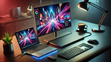 "A modern workspace featuring a laptop connected to an ultra-thin portable monitor, displaying vibrant content side by side. The setup includes a wireless keyboard, mouse, and a coffee cup, with ambient lighting creating a professional and futuristic atmosphere."