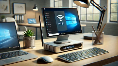 A Dell Wyse 3040 thin client on an office desk, showing a successful Wi-Fi connection in Windows 10. The setup includes a laptop, wireless mouse, and keyboard, with a clean, modern workspace background.
